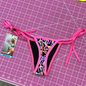 Demon Bikini Handmade Swim Pink Black Tie Side Thong Bikini Bottom Medium Beach